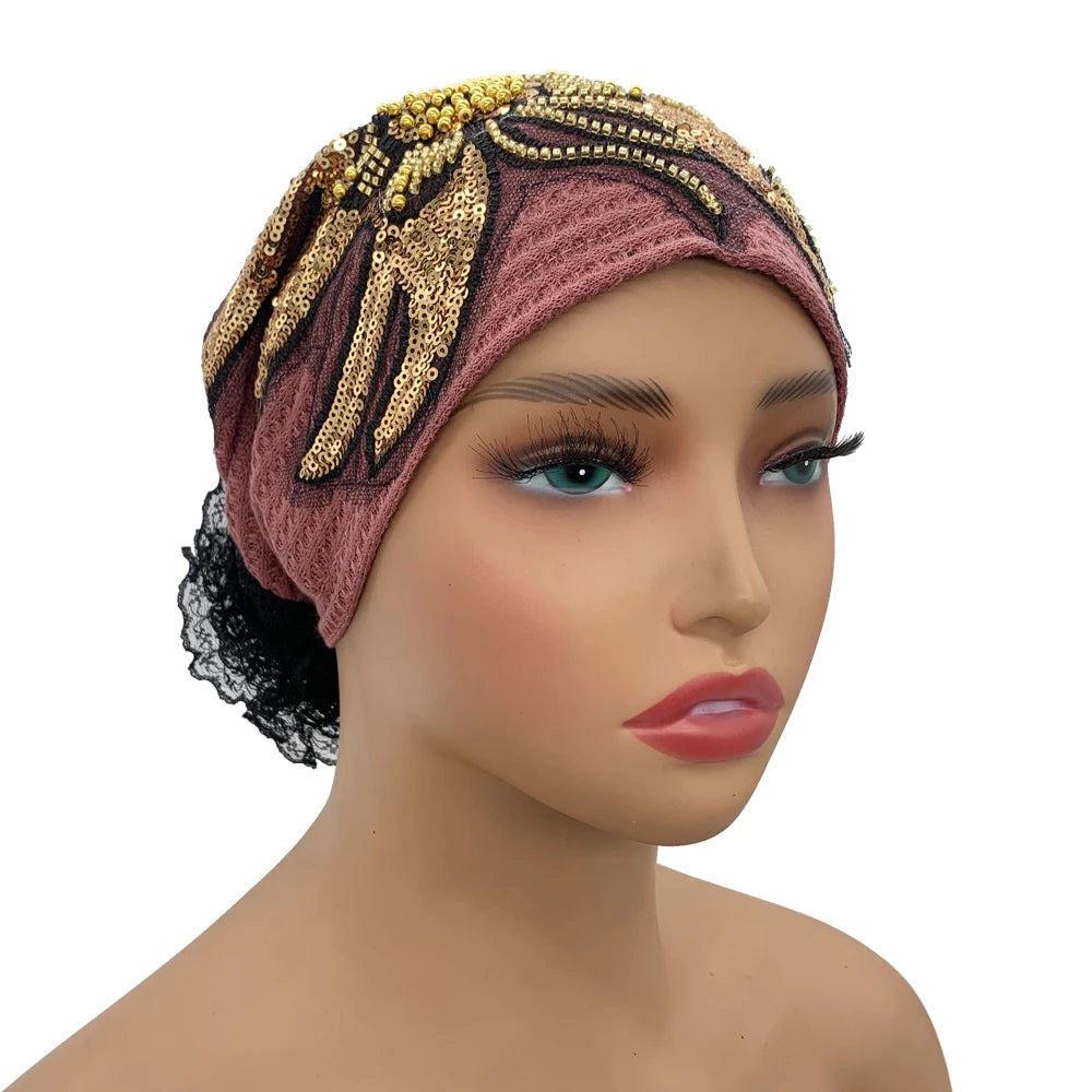 Sombrero turbante de encaje floral con diamantes de lujo, transpirable, pañuelo, gorro, envolturas para la cabeza, gorro de punto para mujer, cubierta para el cabello