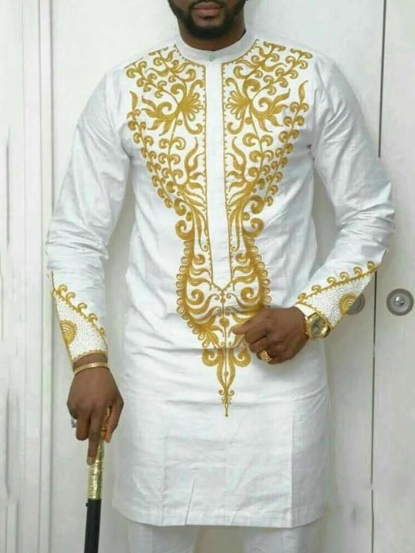 African Men Embroidery Shirt Outfits Africa Long Sleeve Round Collar Top Pants Two Piece Traditional Ethnic Party Wedding Suit