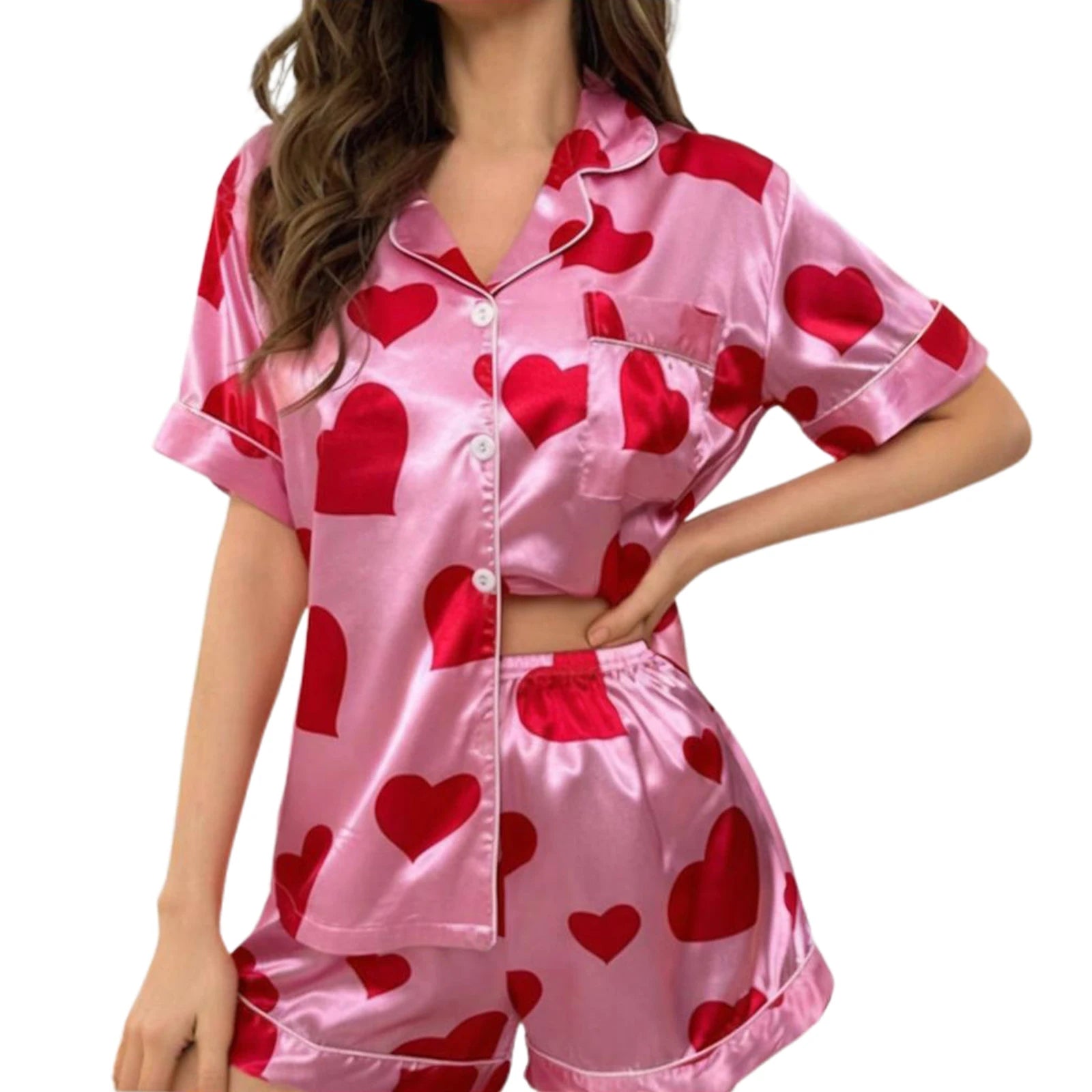 Conjunto de pijama de San Valentín para mujer, de manga corta, con estampado de corazón, top y pantalones cortos, ropa de casa, conjuntos a juego