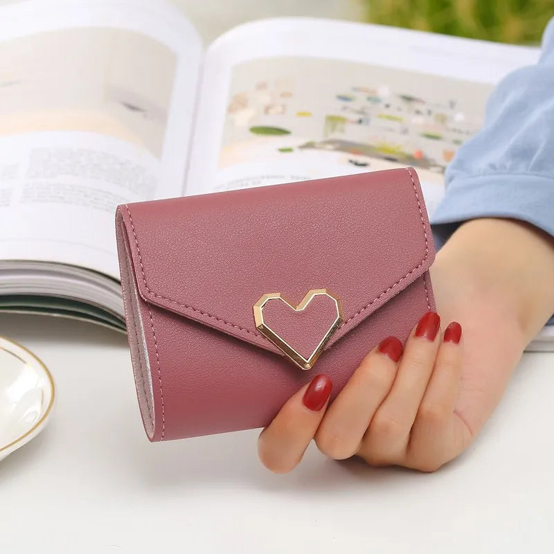 Carteras cortas nuevas para mujer, Kpop, con forma de corazón, bonita cartera pequeña para mujer, de piel sintética de alta calidad, delgada y sencilla, cartera femenina