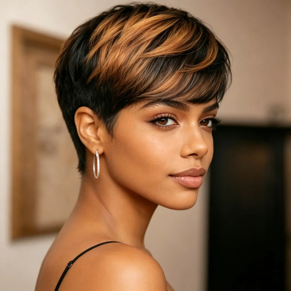 Short Pixie Cut Wig for Black Women Human Hair 1B30 Colored Short Layered Pixie Wigs With Bangs for Women Machine Mad