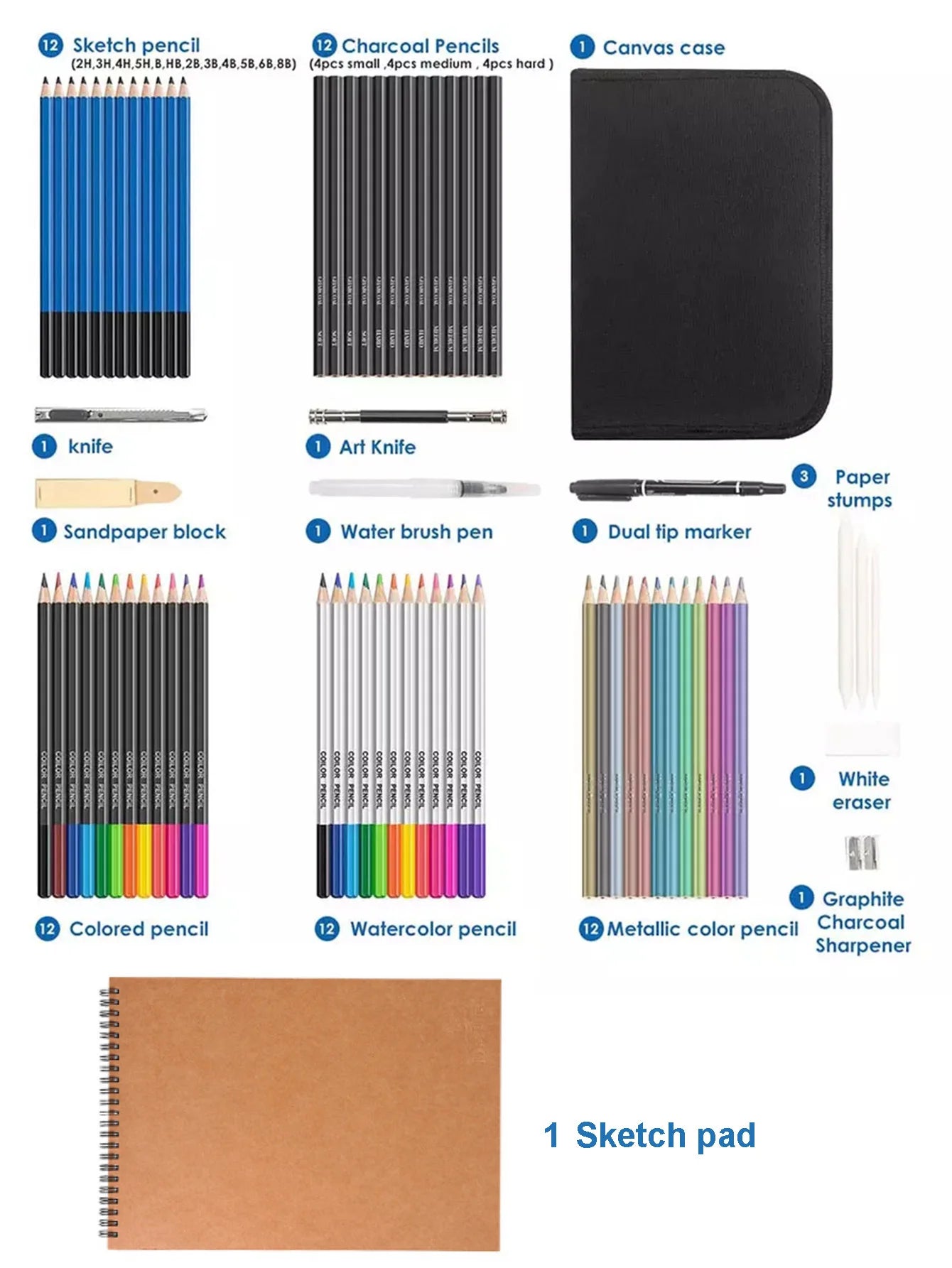 Bview Art Profesional Juego de Arte de 71 Piezas Kit de Dibujo y Boceto Lápices de Dibujo Lápices de Carbón Juego de Herramientas para Artistas