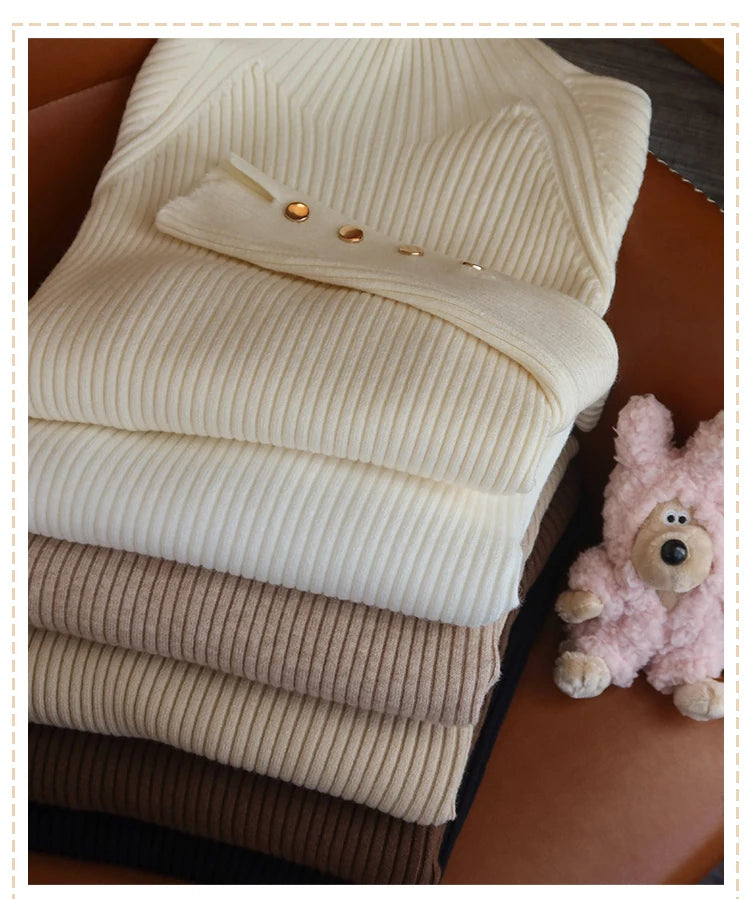 Suéter de otoño invierno para mujer, jerséis, tops de manga larga, ropa, suéter suave de punto delgado, ropa de calle, suéter de cuello alto con botones