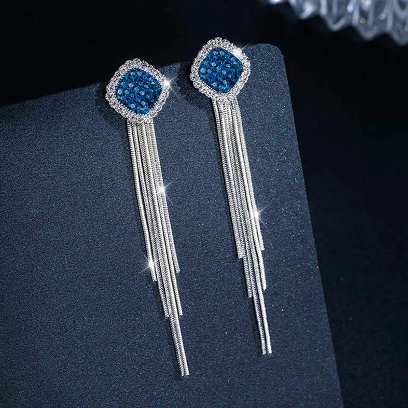 Pendientes de tuerca cuadrados de circonita azul de color plateado con borla larga para mujer, elegantes, delicados y encantadores, regalo premium para boda