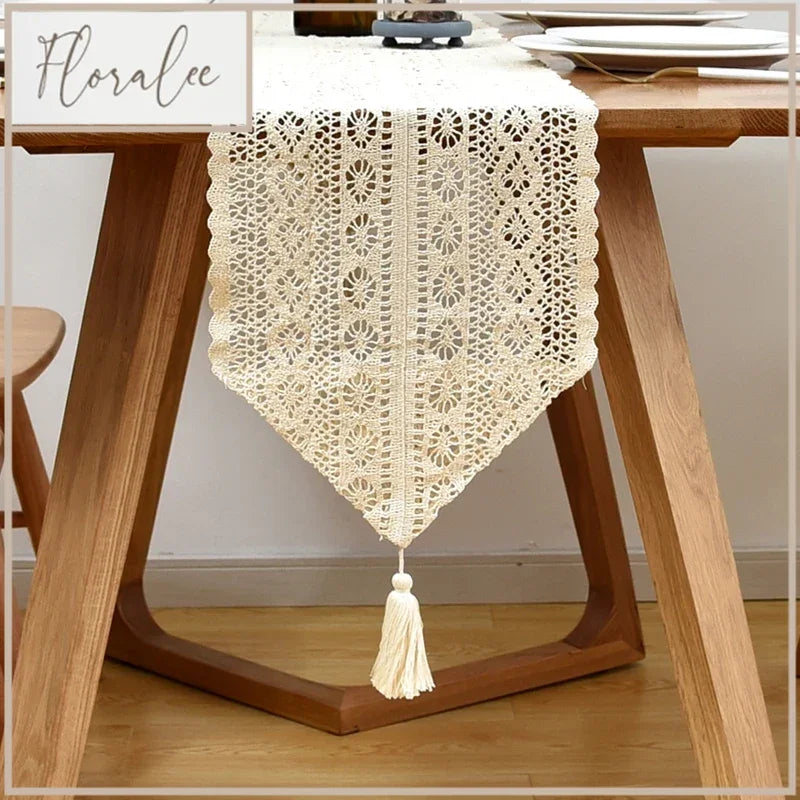 Table Runner Beige Christmas Crochet Lace Cotton Blended Fabric With Tassel For Coffee Table Decor Wedding Decoration