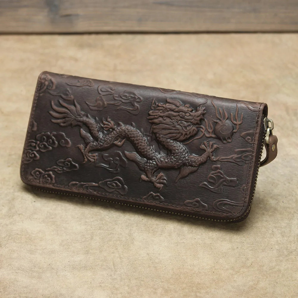 Billetera de lujo para hombre, cartera de mano de cuero genuino, monedero largo grabado en relieve, carteras de hombre de cuero grueso, carteras de mano de cuero para dinero