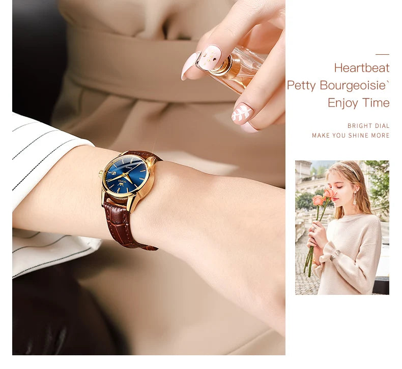 OLEVS 6898 Reloj de Mujer Original de Moda Reloj de Pulsera de Cuarzo Impermeable con Correa de Cuero Luminosa Doble Calendario Reloj de Señora