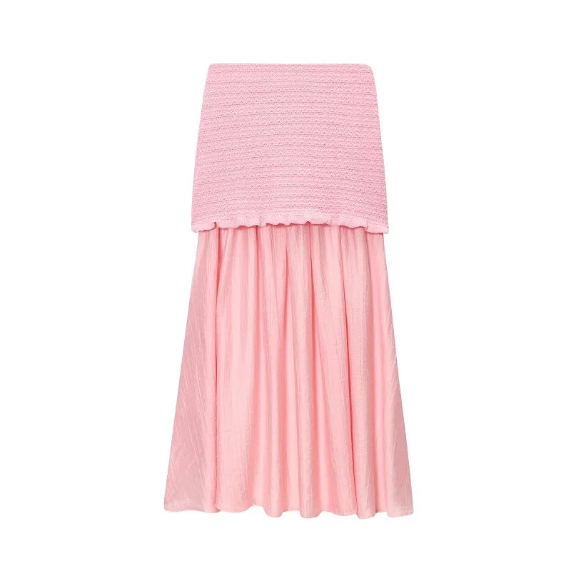 MUJER Conjunto de Falda Tejida Rosa 2 Piezas Falda Larga Plisada para Mujer Top con Volantes sin Hombros Conjunto de Faldas para Mujer Atuendo de Verano