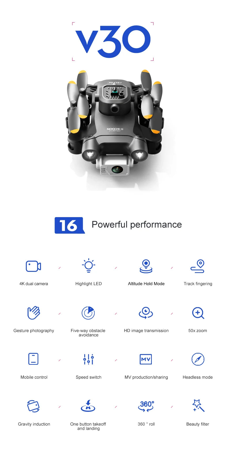 Mini drone 4DRC V30 4K HD double caméra WIFI FPV, drone professionnel à cinq côtés pour éviter les obstacles, hélicoptère RC, jouet cadeau