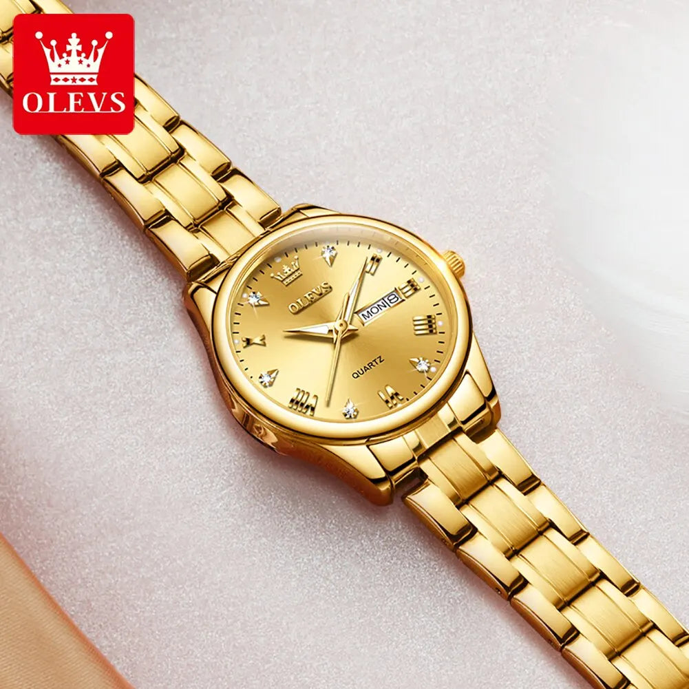 OLEVS Reloj de pulsera para mujer, relojes originales para mujer, de acero inoxidable impermeable, de lujo, de cuarzo, reloj de pulsera para mujer, dorado, Reloj Hombre