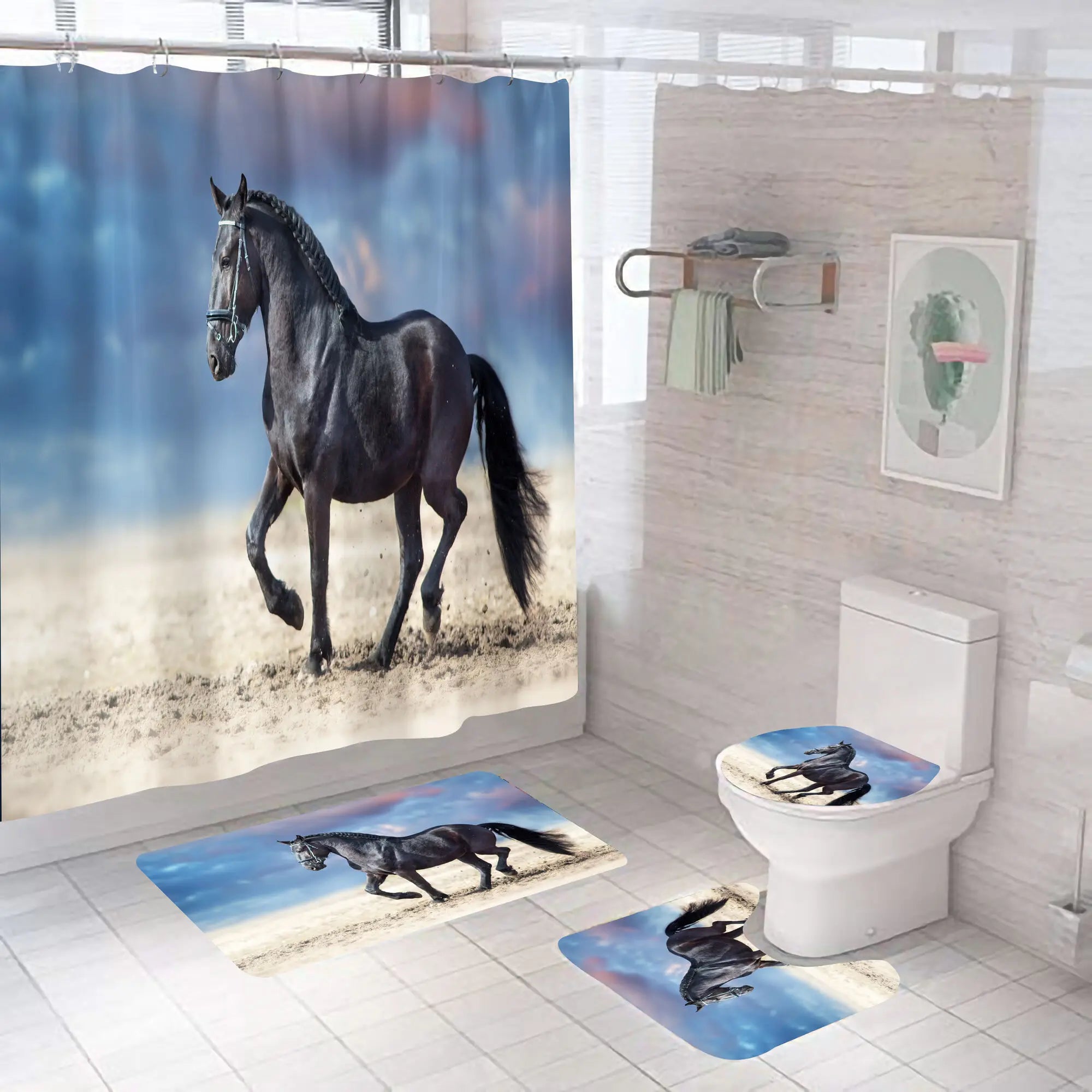 Horse Running Shower Curtains Bathroom Decor Aniaml Printed Waterproof Polyester Fabric Home Bath Bathtub Curtain Set With Hooks