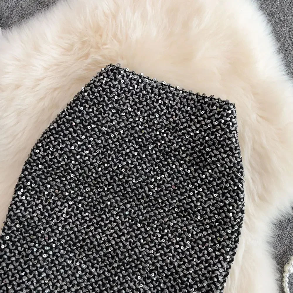 Faldas de mujer elegantes con lentejuelas, faldas de mujer formales para oficina, de primera calidad, elegantes y chic, oferta de lujo original estilo coreano de moda