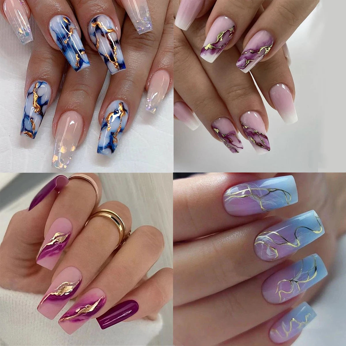 Uñas a presión francesas coloridas con diseños, uñas postizas a presión de cabeza cuadrada larga, pegamento simple portátil para uñas, uñas postizas