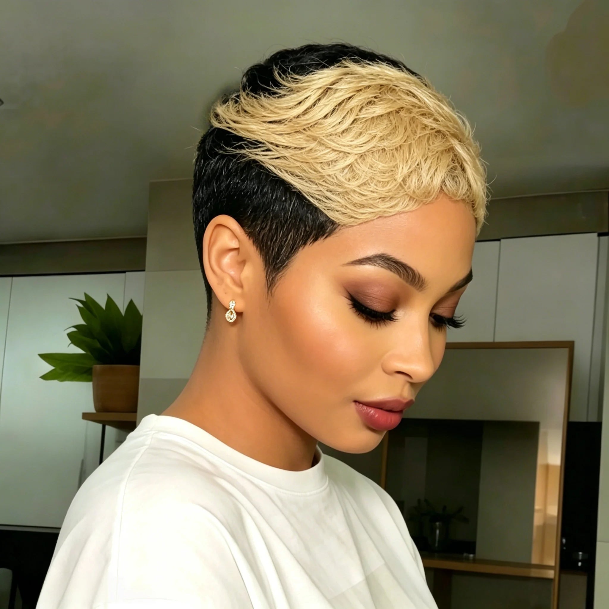6 Inch Human Hair Pixie Cut Wig for Women Short Curly Wig Black and Honey Blonde Ombre Full Machine Made Wig