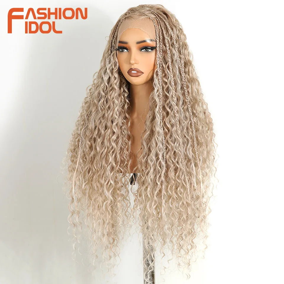 FASHION IDOL 13X4 Box Twist Braided Lace Wig For Black Women Synthetic Lace Frontal Wigs Blonde Faux Locs Wig Goddess Braids Wig