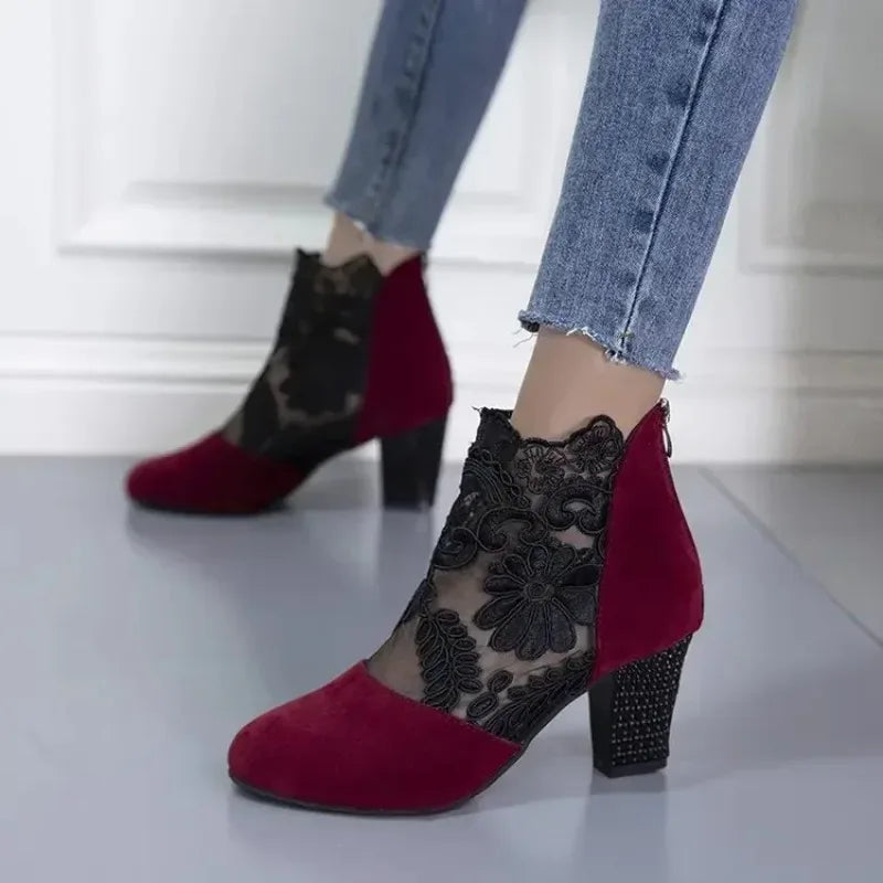 Zapatos de tacón de encaje para mujer, sandalias romanas de moda para mujer, zapatos de mujer transpirables, elegantes zapatos de tacón para mujer, nuevas sandalias de tacón de malla