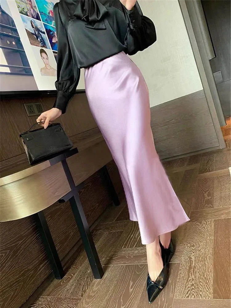 Faldas de satén de seda para mujer estilo coreano color champán para oficina, cintura alta, falda acampanada, moda elegante, falda lápiz larga sólida 2025
