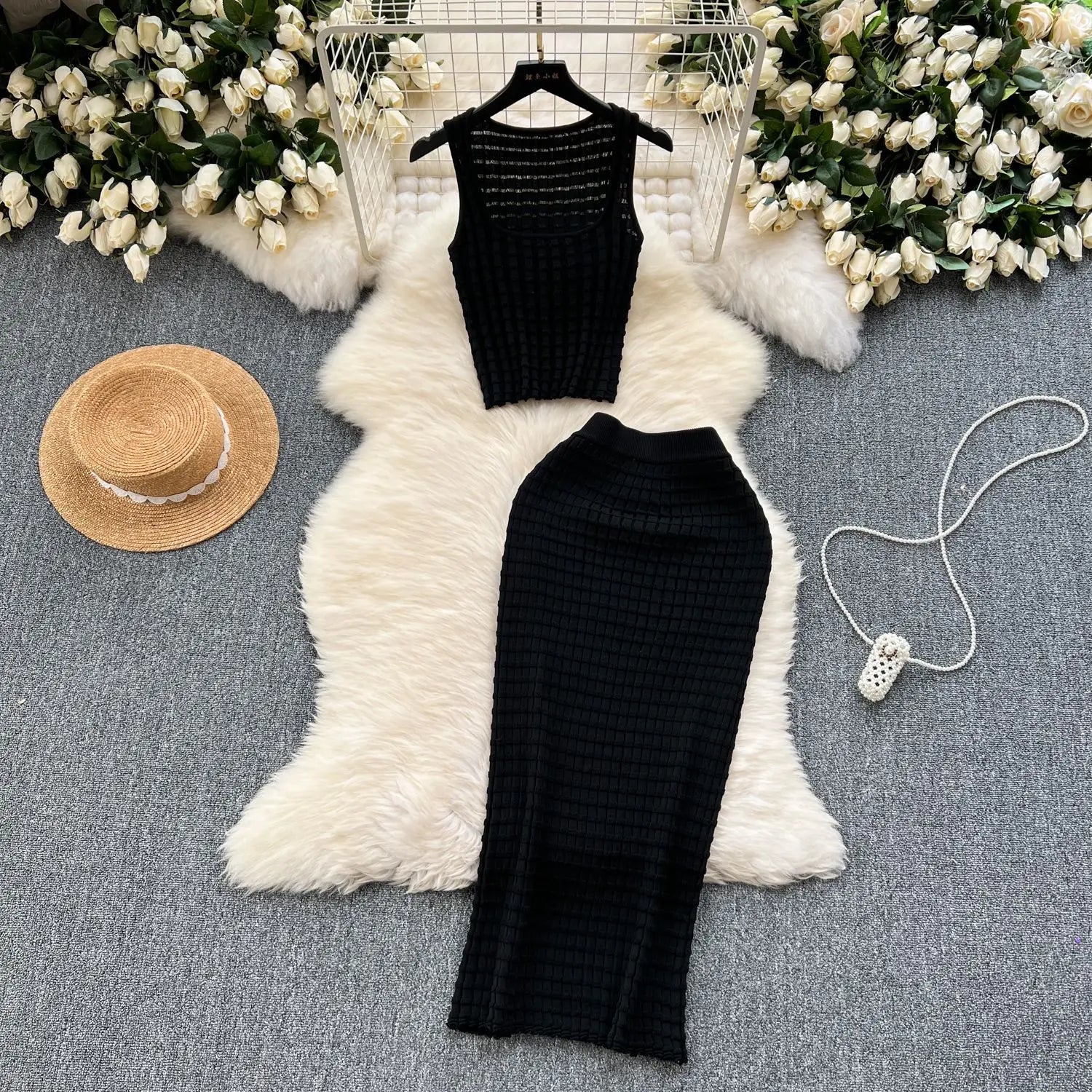 Conjunto de Falda para Mujer, Trajes de Dos Piezas, Chalecos, Tops Cortos, Faldas Largas de Punto Ajustadas, Cintura Alta, Estilo Urbano Y2K 2025, Para Fiesta o Playa