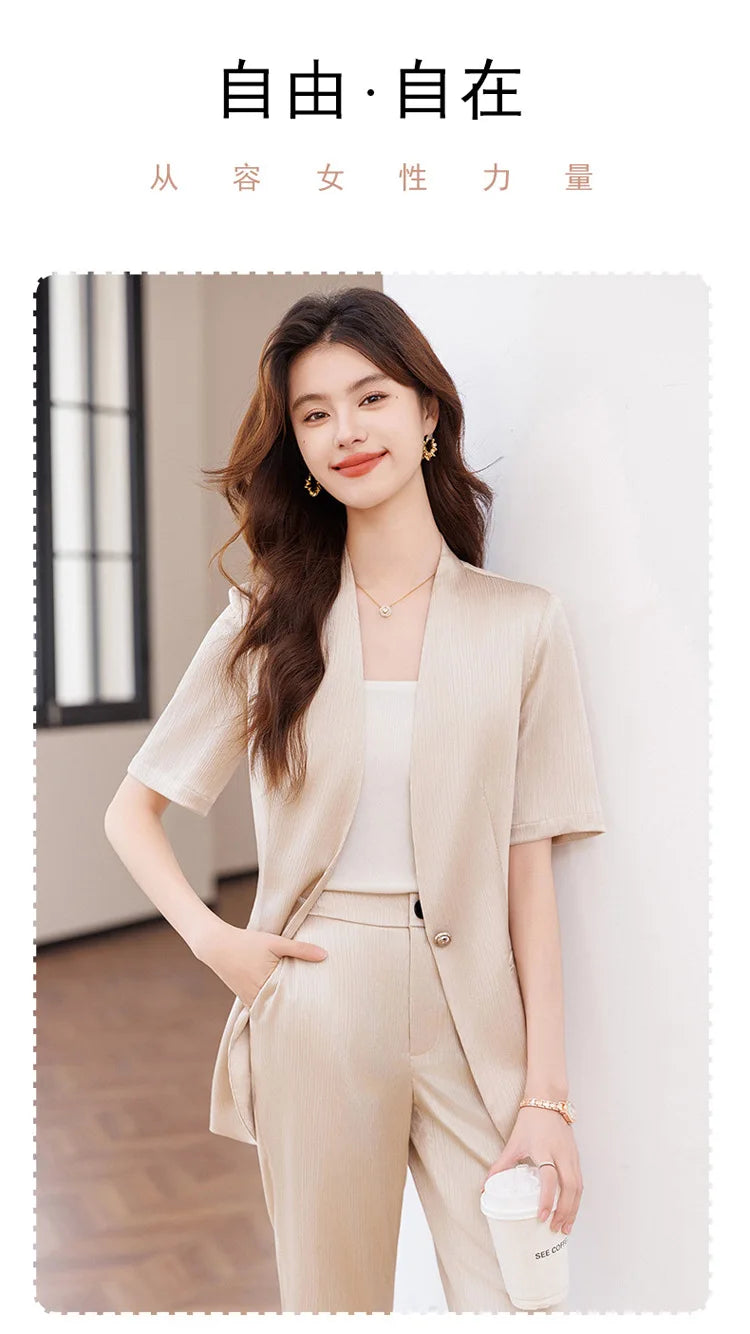 Damebuksedress med belte Sommer Kortermet V-hals Blazer og bukser Sett Elegant Kontorarbeidstøy Lilla Mote 2025