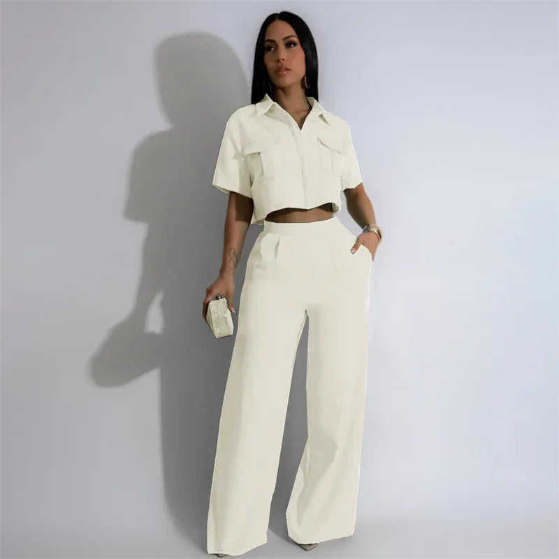 Conjuntos de pantalón elegante sólido de mujer, atuendo de 2 piezas para verano 2024, top de camisa con botones, cuello vuelto y bolsillos, y traje de pantalones de pierna ancha