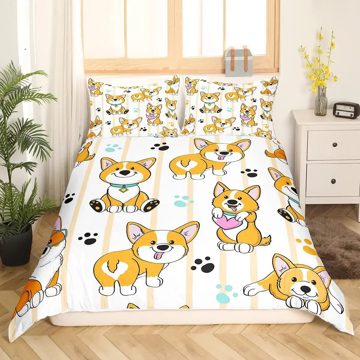 Juego de ropa de cama para niños con diseño de perro bonito, edredón de dibujos animados de perros para niños y niñas, funda de edredón de poliéster con diseño de animales de mascotas.