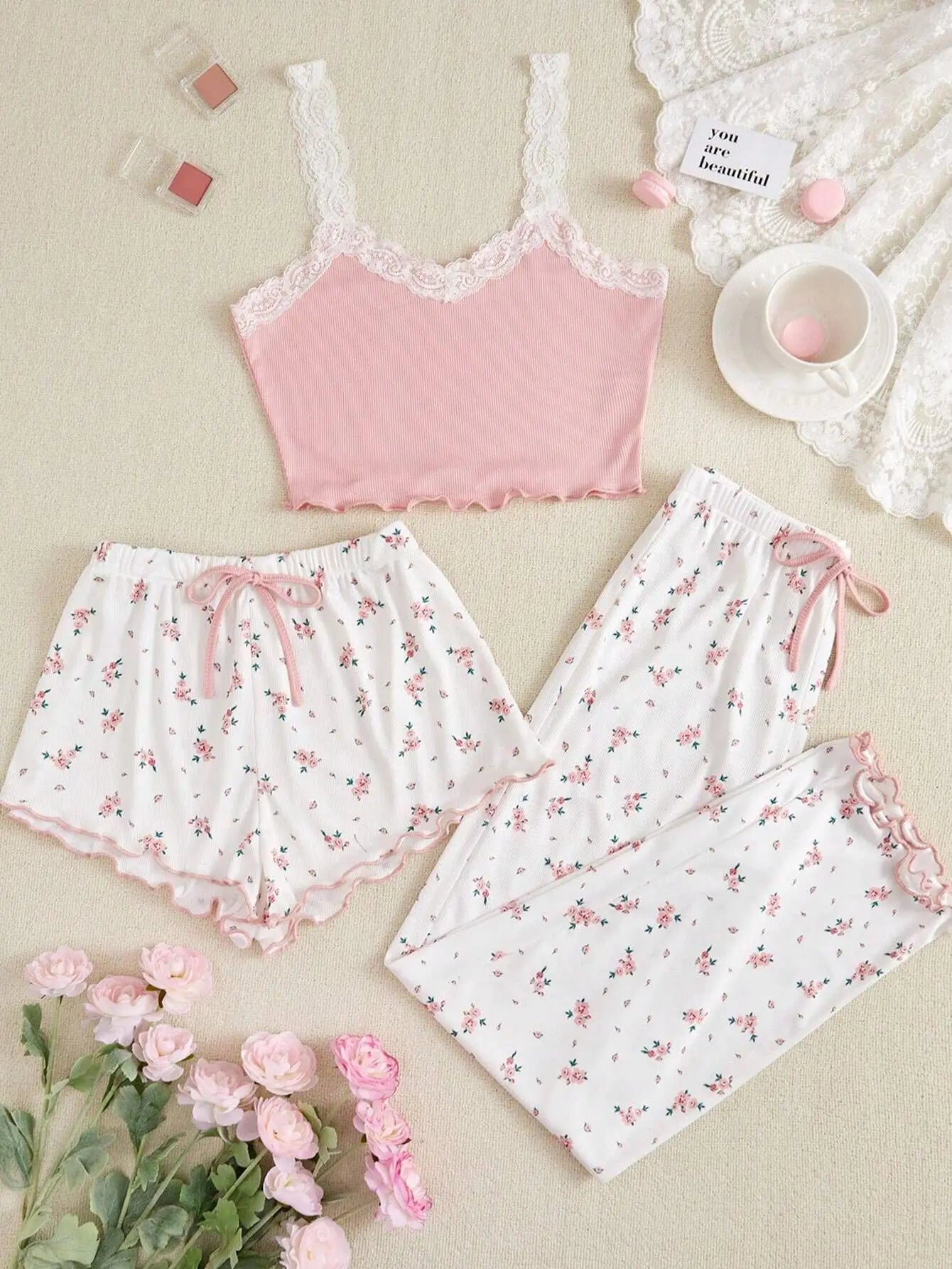 Conjuntos de Pijama para Mujer, Tres Piezas, Top de Tirantes, Estampado, Pantalones Cortos, Pantalones Largos, Trajes Casuales, Ropa de Noche, Ropa de Dormir Dulce para Mujer, Verano