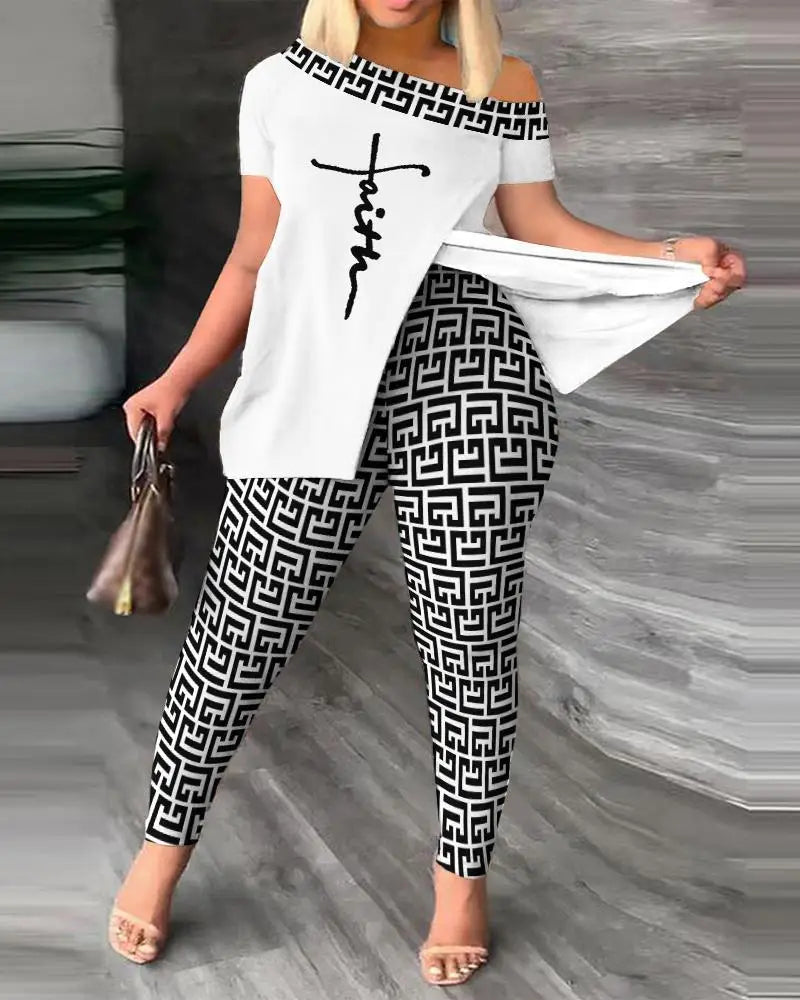 Conjuntos de dos piezas elegantes para mujer, nueva moda, estampado, top de manga con volantes, conjunto de pantalones de color sólido con cinturón, blusas, ropa femenina