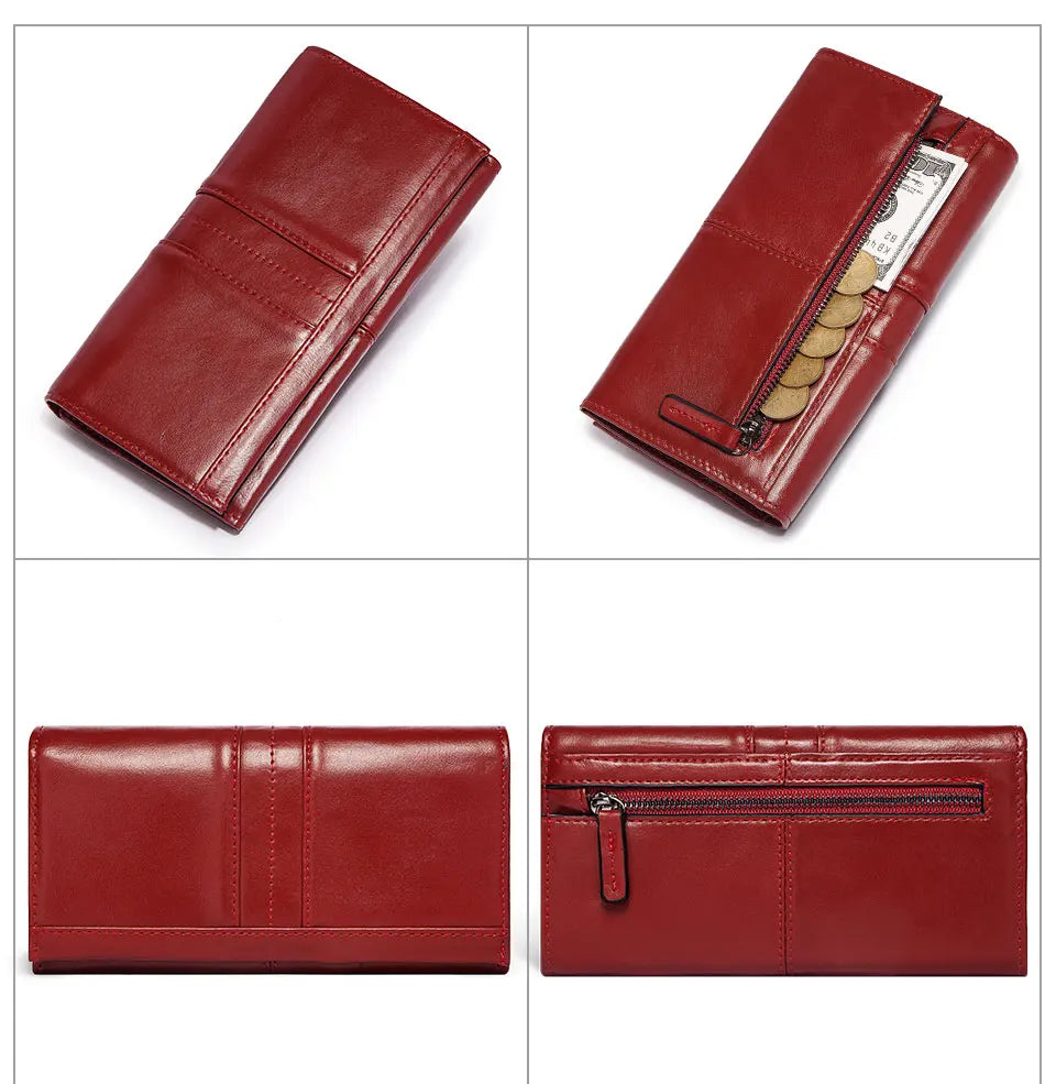 KAVIS Cartera de cuero genuino de marca de lujo para mujer, embrague largo con bolsa para teléfono celular, RFID, moda, rojo, tarjetero, bolso