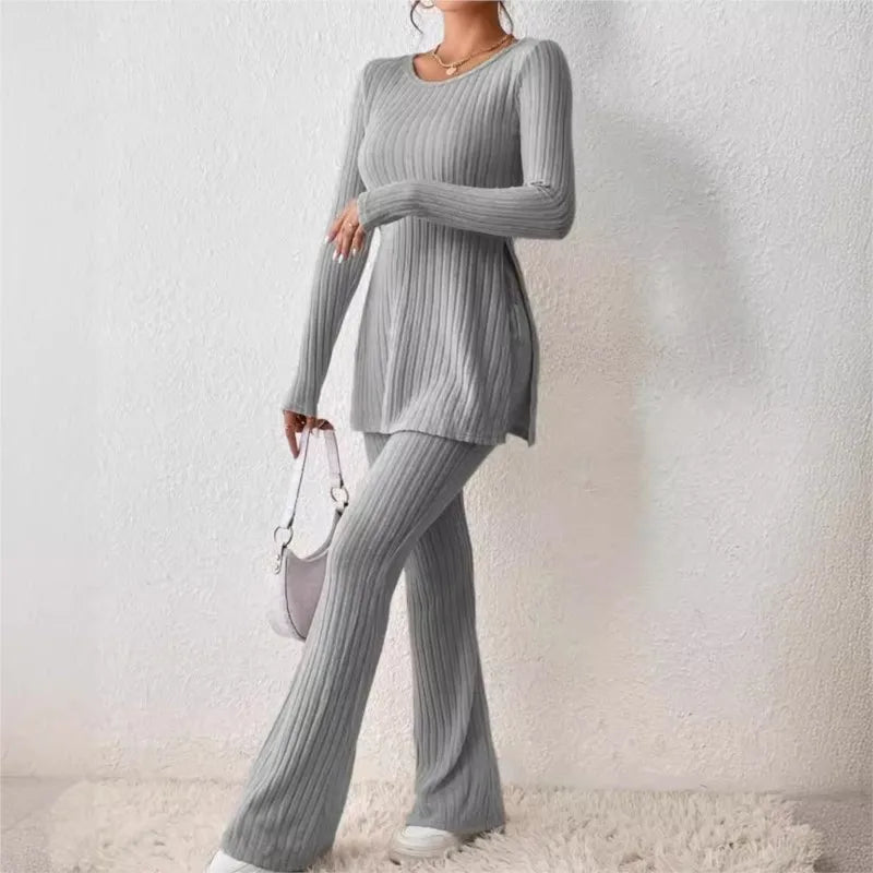 Ropa de Mujer Otoño Invierno Nuevo Estilo Color Sólido Sexy Casual Manga Larga Cuello Redondo Rajado Moda Temperamento Conjunto de Dos Piezas