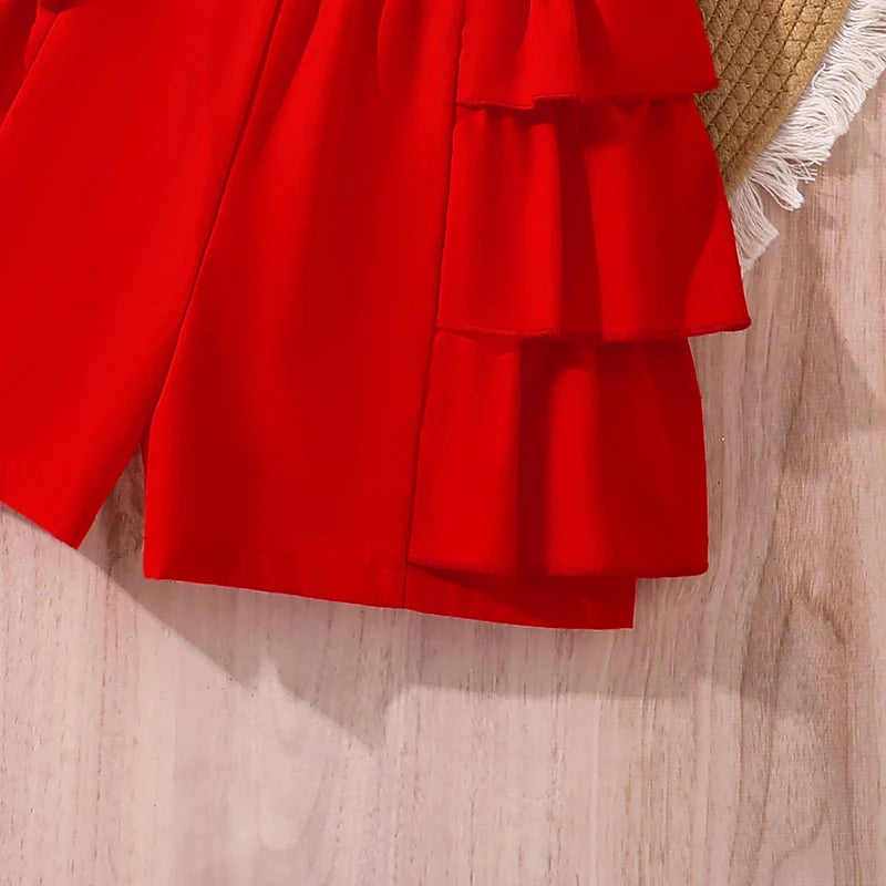 kids Clothing Sets For Girls Red Sleeveless Square Collar Ruffled Bowknot Elastic-Waist 8-12 Years Summer Fashion Sweet Style