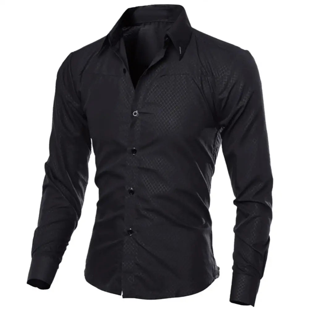 Camisa de vestir de negocios para hombre, de lujo, informal, social, formal, con solapa, manga larga, corte ajustado, color liso