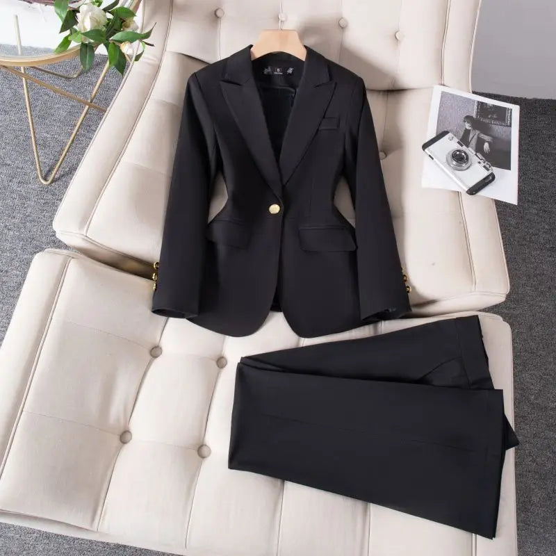Conjunto de dos piezas de blazer corto informal retro de invierno para mujer y pantalones de pierna ancha, traje de color liso con cierre en la cintura