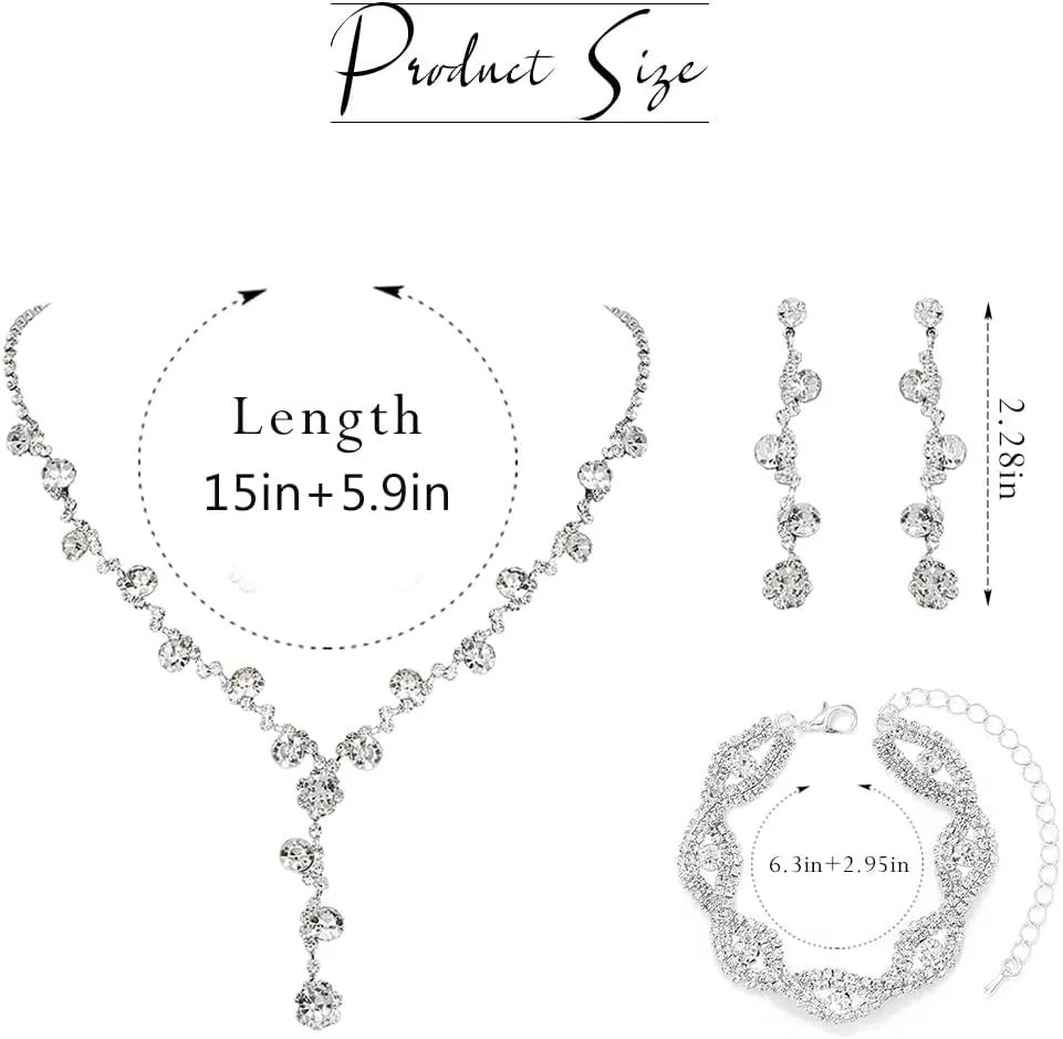 Juego de joyas para mujer: pendientes de diamantes de imitación, pendientes de plata, pulsera, collar, regalo para fiestas de graduación o bodas