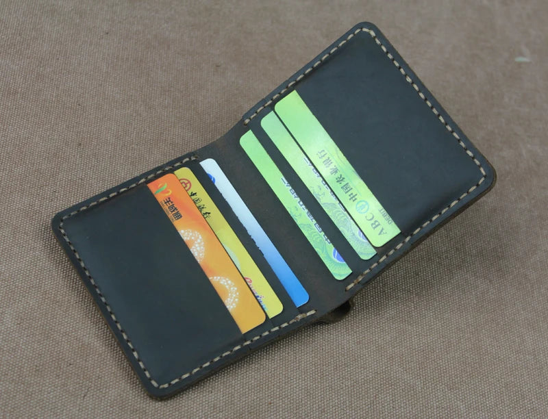 Cartera de lujo hecha a mano de cuero genuino Crazy Horse para hombre, cartera pequeña de cuero para hombre, monedero corto con clip para billetes, bolsa para dinero, café negro
