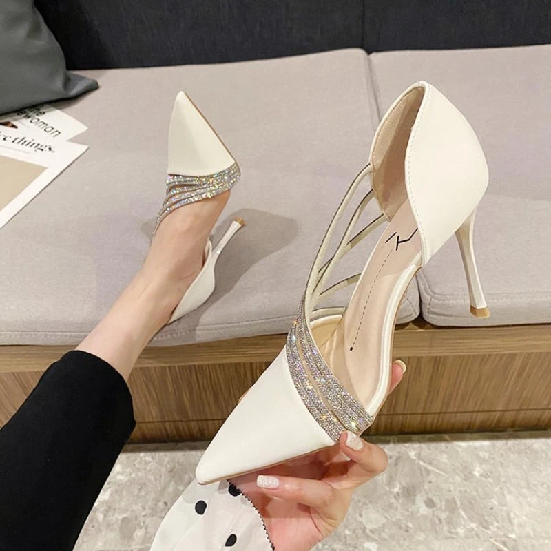 Zapatos de tacón alto para fiesta de noche de mujer, nuevos zapatos de salón elegantes para mujer, de punta, negros, con tiras, para mujer