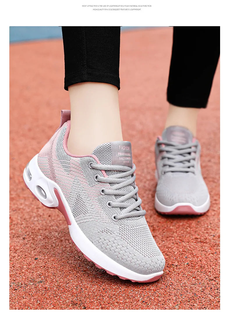 Zapatillas de running para mujer, nuevas, de primavera, de talla grande, informales, transpirables, con cordones, con cámara de aire, deportivas