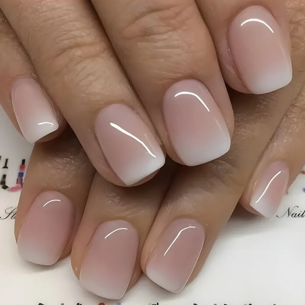 24 Uds uñas postizas de degradado blanco, cortas, cuadradas, bailarina, sencillas, de presión, usables, de color nude, puntas de manicura de cubierta completa