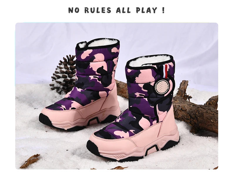 Winter Children Casual Shoes Girls Non-slip Warm Fur Snow Boots Boys Tactical Sneakers Kids Outdoor Footwear Padded Boots Female