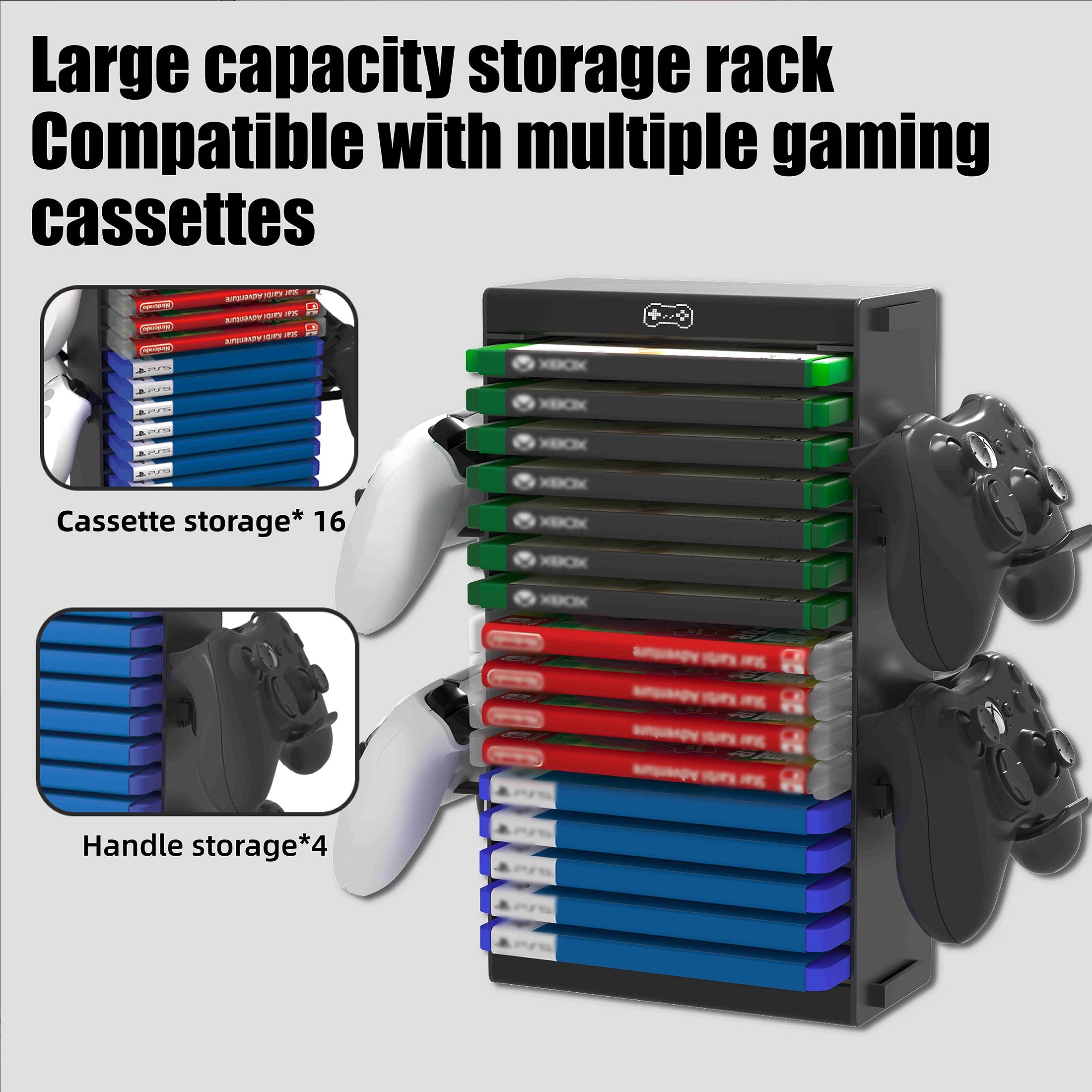Oppbevaringsstativ for videospill til PS5/PS4/PS3/Xbox-serien S og X/Xbox One-spill, med 4 kroker, spillkontrollerholder
