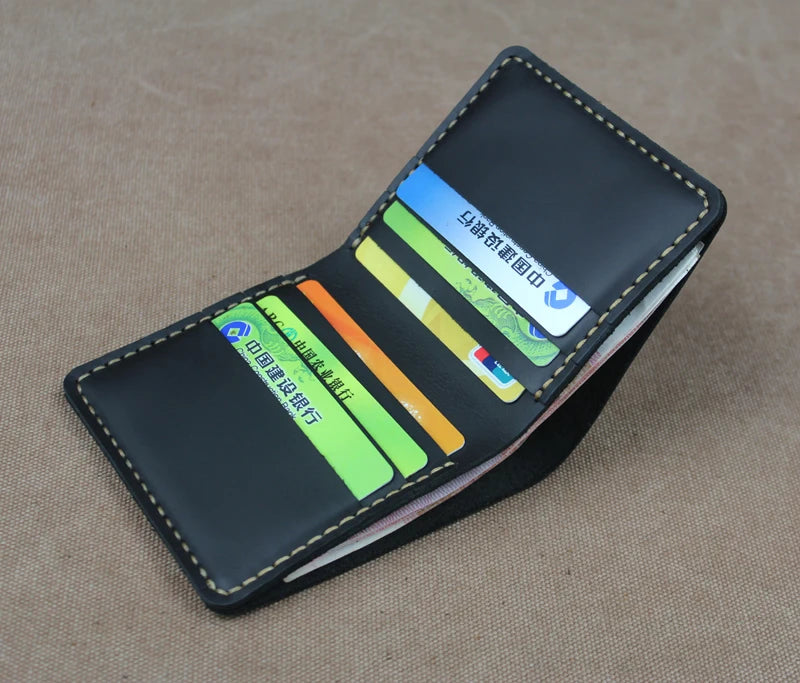 Cartera de lujo hecha a mano de cuero genuino Crazy Horse para hombre, cartera pequeña de cuero para hombre, monedero corto con clip para billetes, bolsa para dinero, café negro