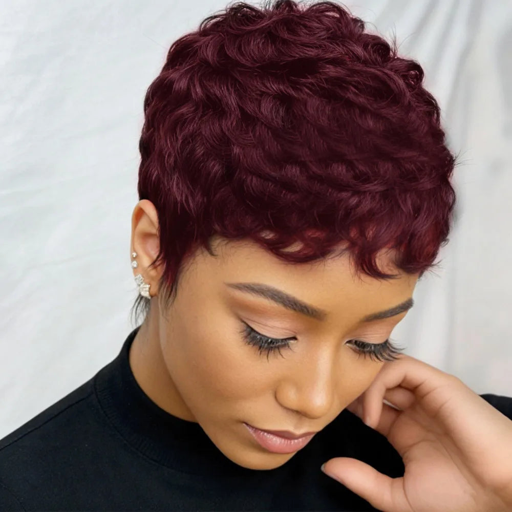 Peluca pixie de uso diario, peluca de corte pixie, peluca corta, lisa, de color marrón, negro, burdeos para mujeres, peluca de cabello humano en capas, hecha a máquina.