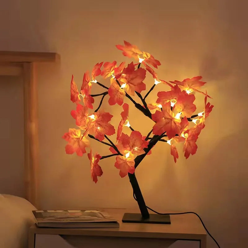 Guirlande lumineuse à 24 LED en forme de feuille d'érable, lampe de table en forme d'arbre à fleurs, veilleuse rose, cadeau pour mariage, fête, automne, Halloween, décoration
