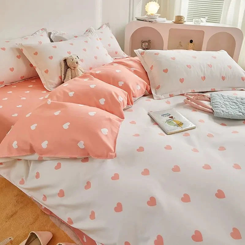 Juego de ropa de cama Kawaii para niños y adultos, sábana encimera, funda de edredón, funda de almohada, tamaño individual, doble, completo, ropa de cama floral de cerezo, textil para el hogar