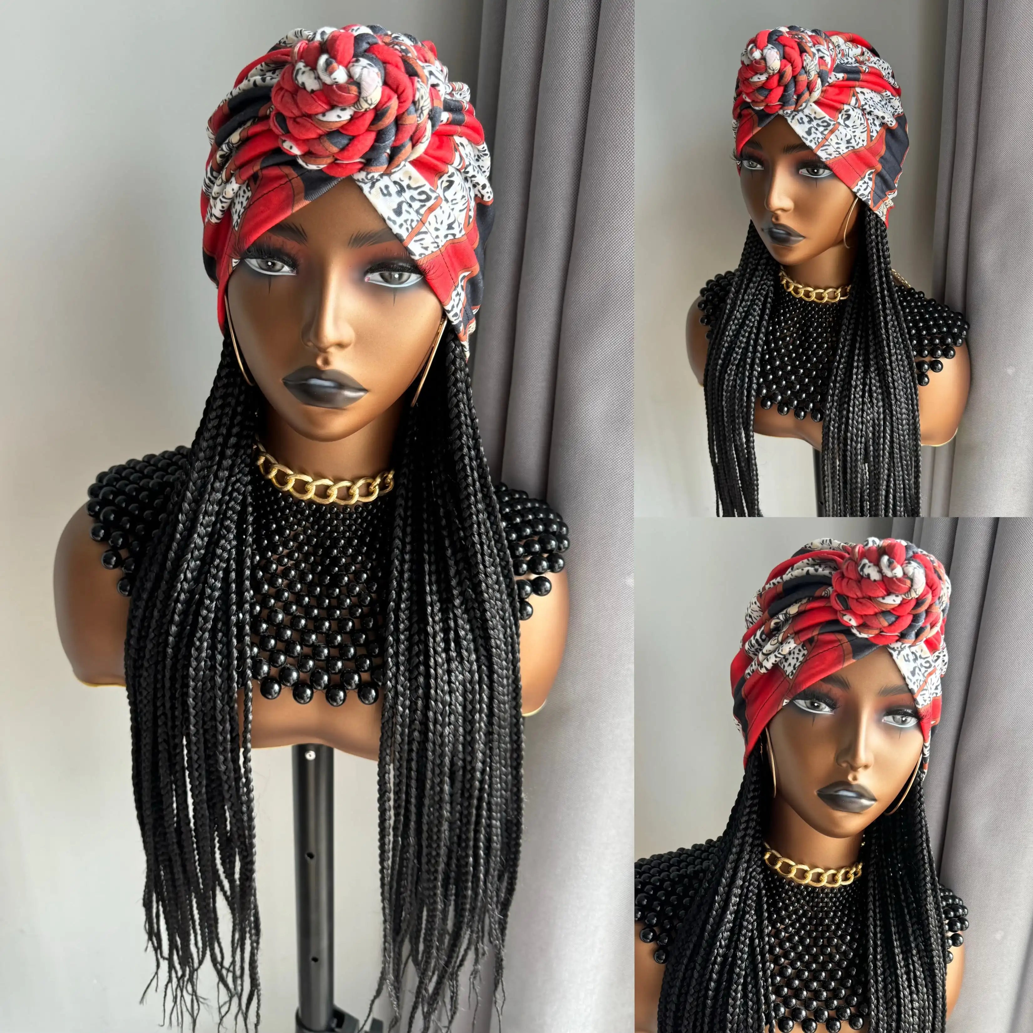 WIGERA Diadema con estampado de leopardo Peluca sintética trenzada larga con gorro turbante Trenzado de caja Extensiones de cabello Pañuelo para la cabeza Peinado fácil