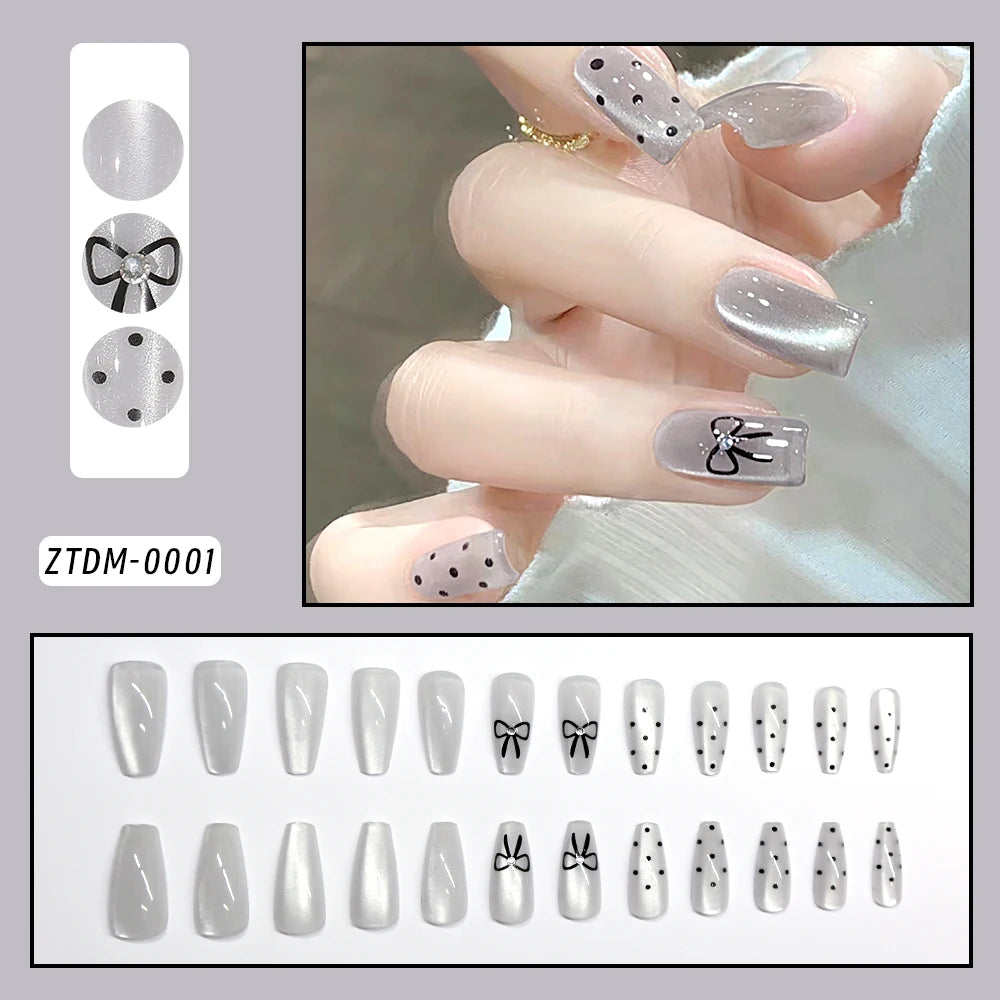 Uñas postizas de leopardo rosa de 24 piezas con punta francesa, cabeza cuadrada corta, lazo negro 3D, uñas postizas acrílicas de cobertura completa a presión