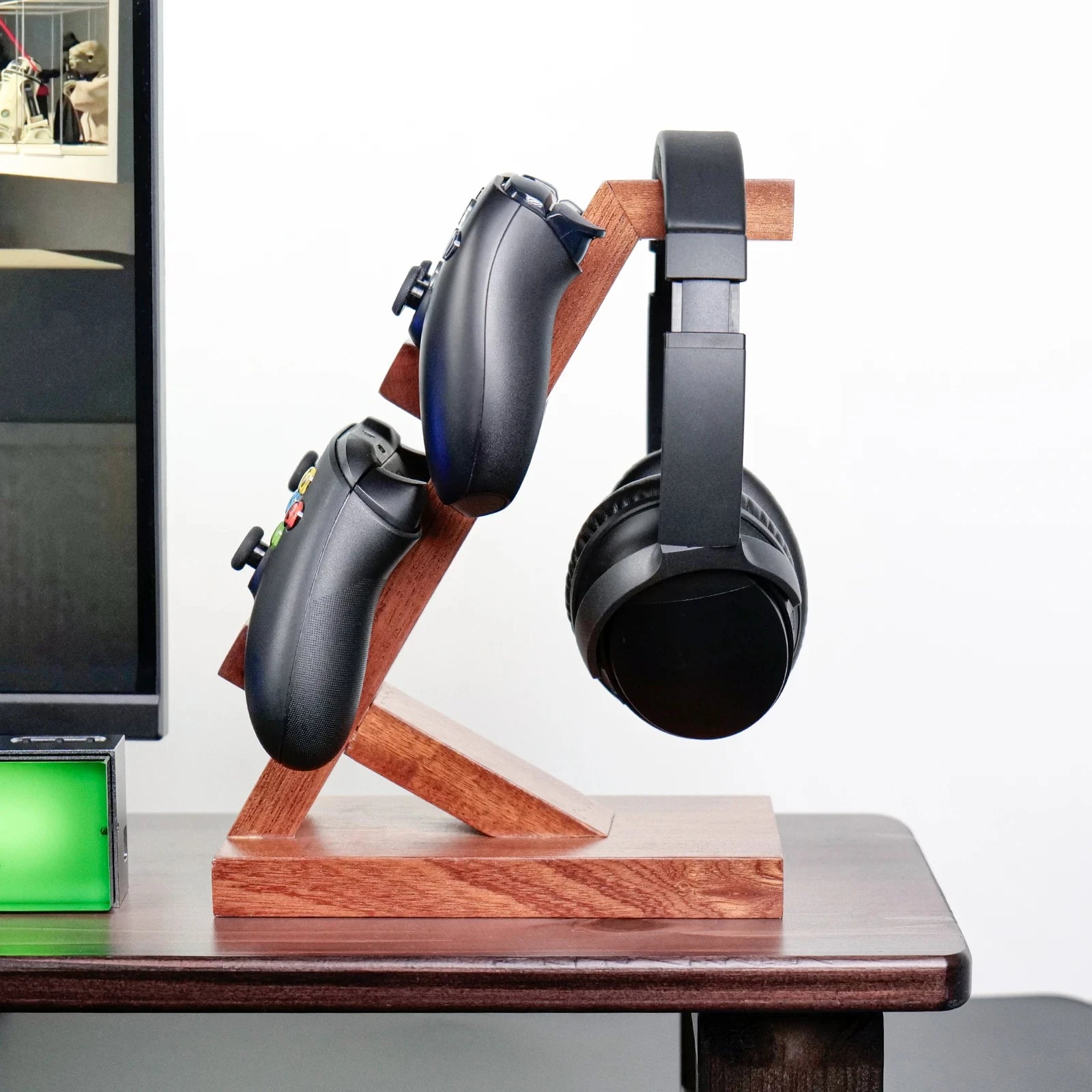 Soporte de madera para auriculares, soporte para auriculares gaming para escritorio, accesorios de gaming, regalo para AirPods, PS5, Xbox