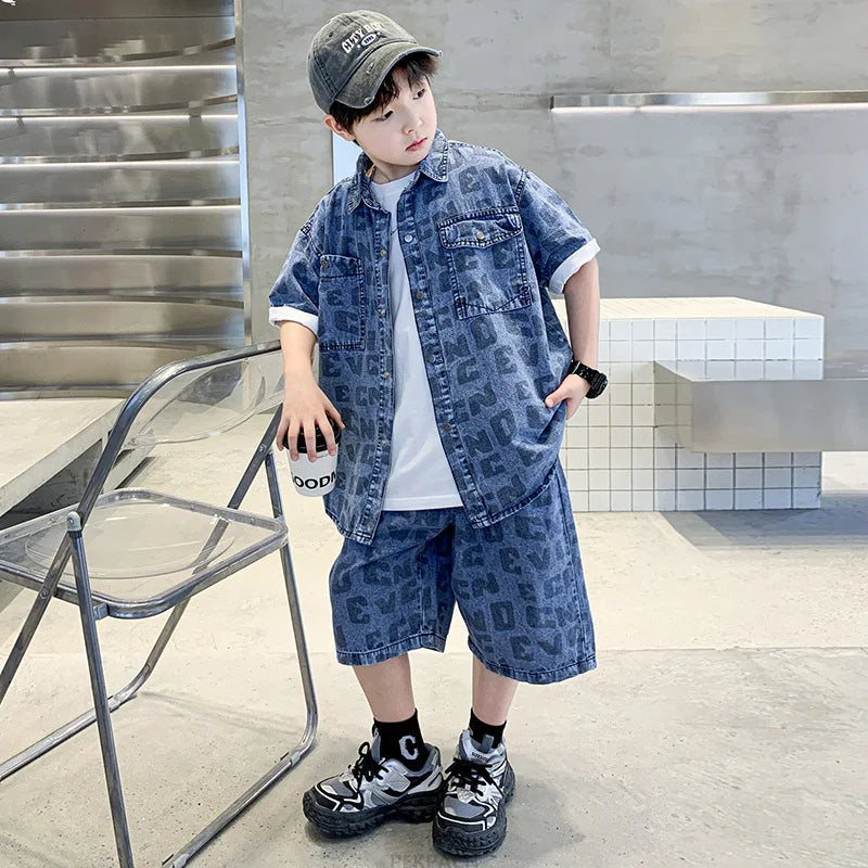 Kids Summer Casual Clothing Set for Tween Boys Shirt And Short Denim 2 Piece Outfit Set Teens Child Cool Streetwear Suit Wear