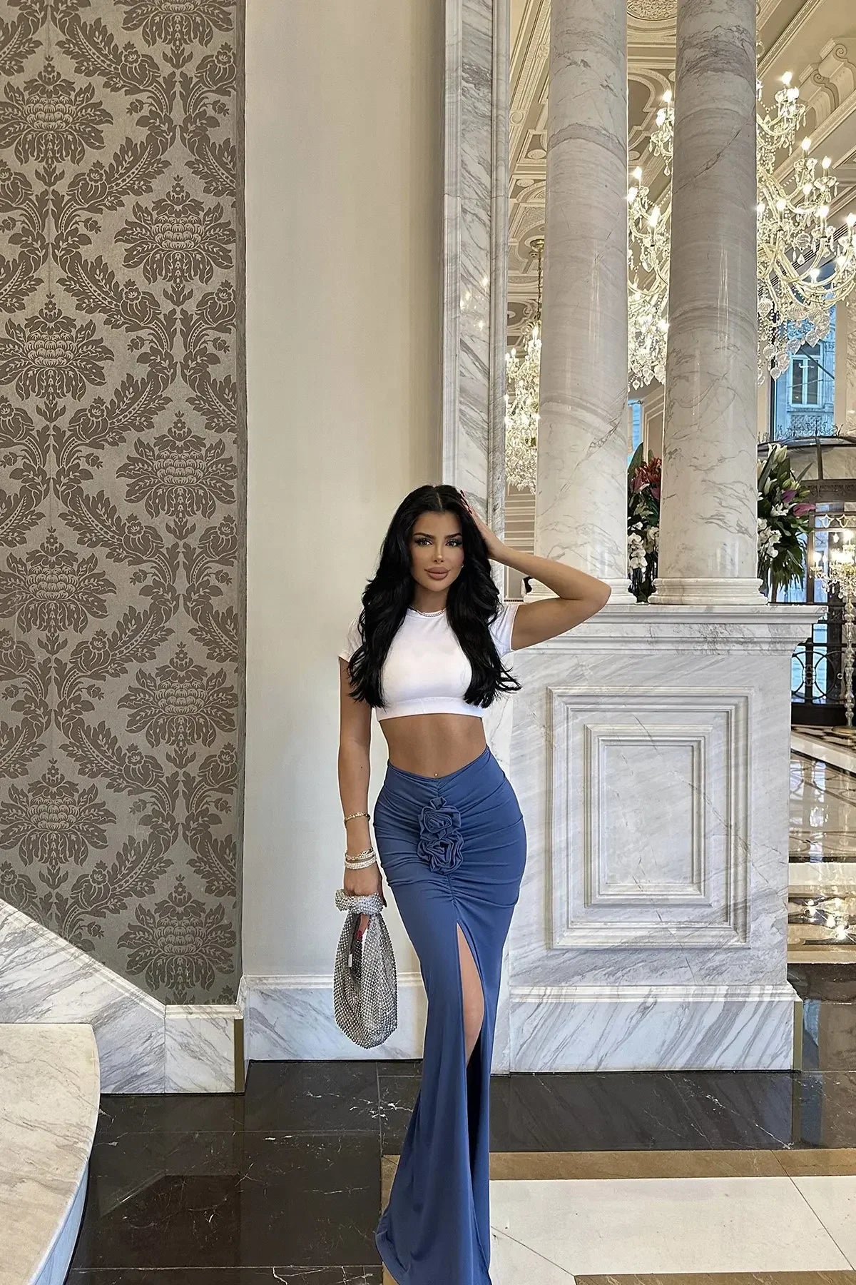 Nueva Falda de Verano para Mujer Ropa de Calle Faldas Sólidas Apliques Sexy Abertura Delgada Elegante Fiesta Femenina Recta Faldas de Cintura Alta