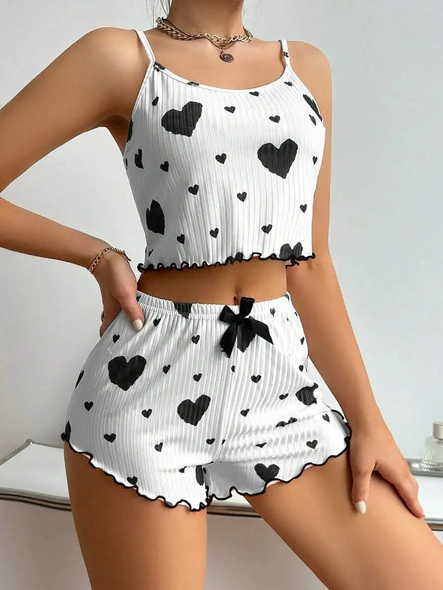 Women pajamas plus size pajamas set 2 piece short vest + trouser white breathable soft casual love print