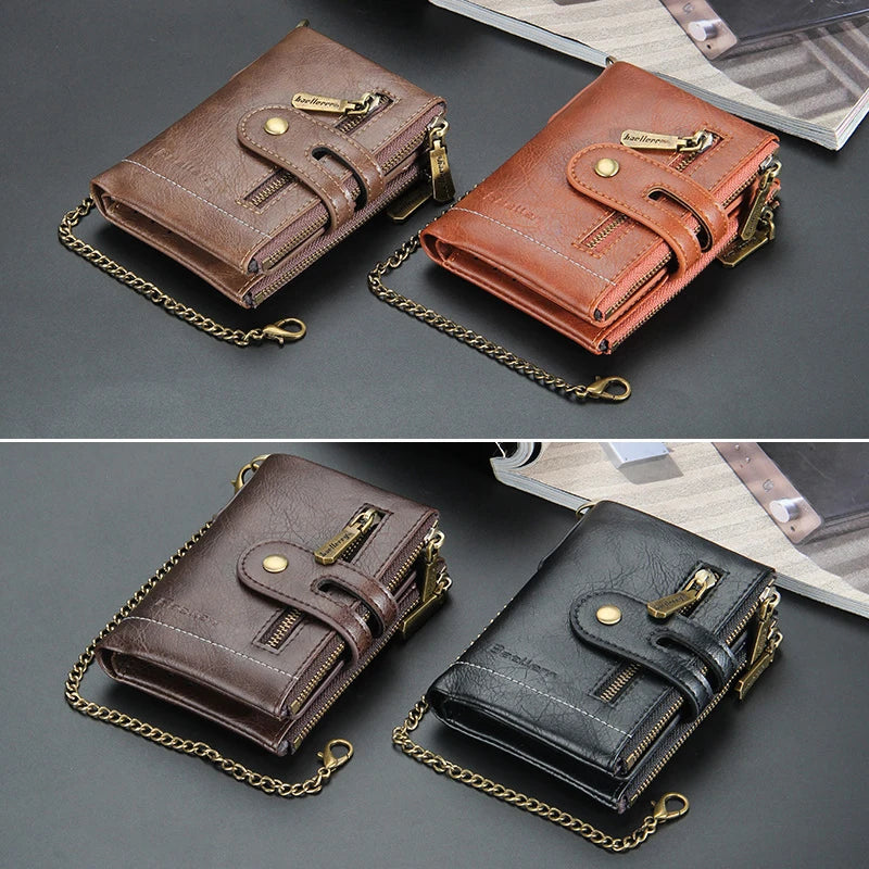 Billetera de lujo de piel sintética para hombre - Tarjetero con diseño de cadena corta, Monedero retro clásico (marca de alta calidad)